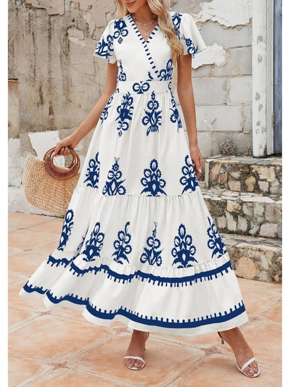 Women's Floral White Blue Boho Maxi V Neck Bell Sleeve Flowy Dress W/Pockets - Picture 6 of 6